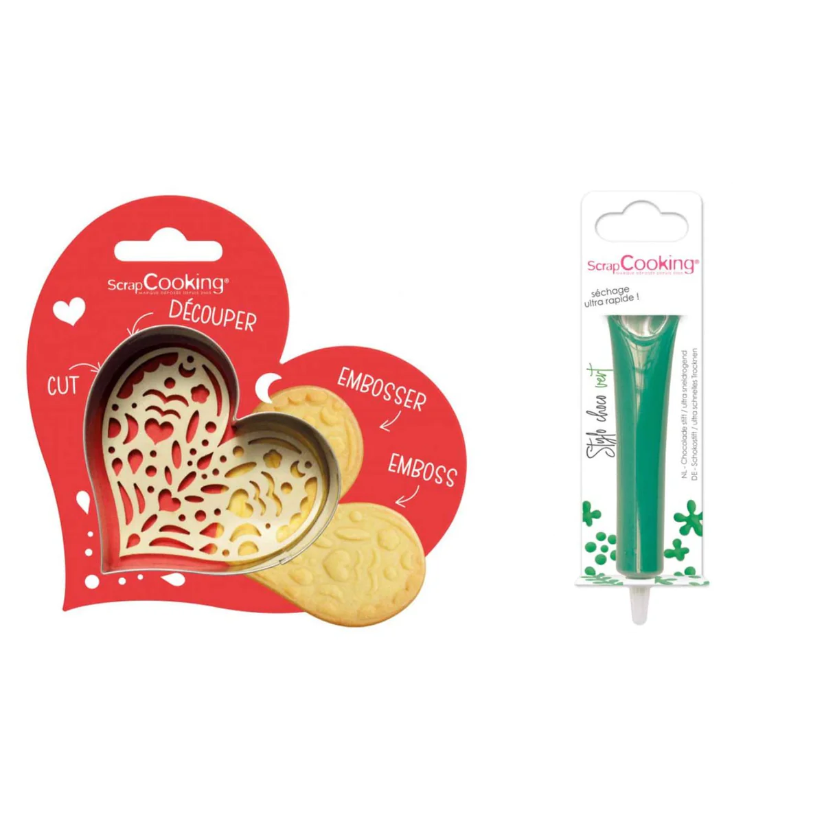 Kit pour biscuit en relief Coeur + Stylo au chocolat vert Scrapcooking