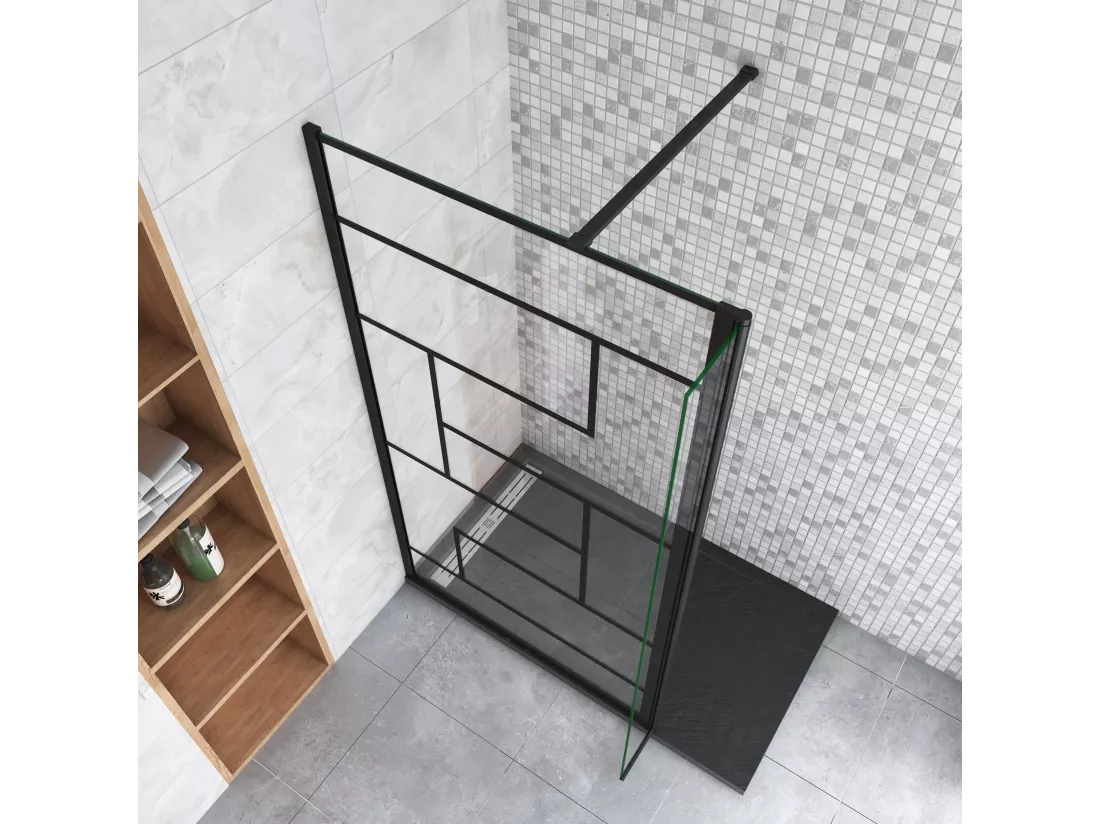 Paroi de douche fixe à l'italienne 120+30x200cm avec retour pivotant - Noir - avec barre de fixation 140cm recoupable