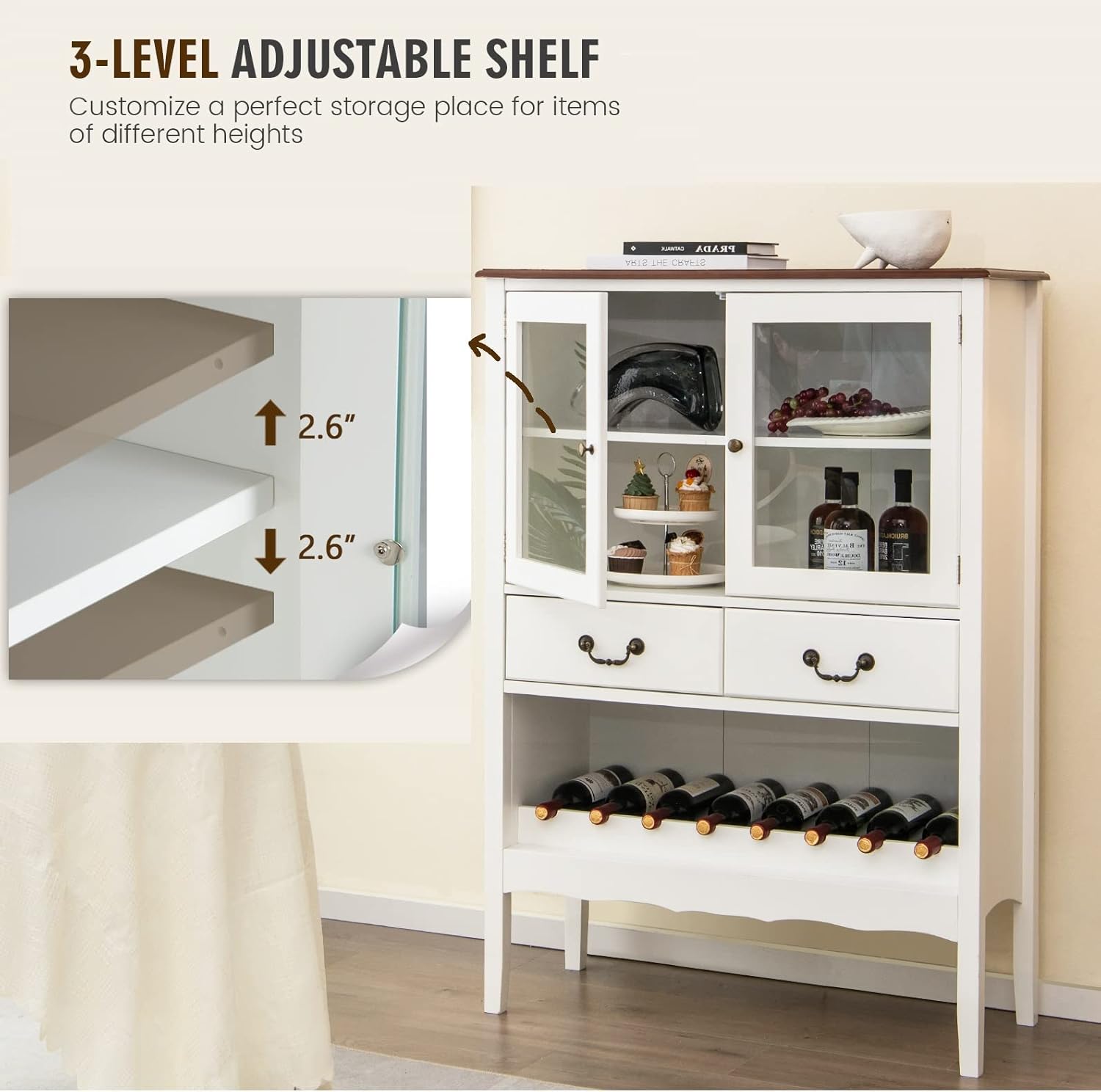 GIANTEX Weinschrank Weinregal Sideboard, Küchenschrank Buffetschrank mit 2 Glastüren & 2 Schubladen, Flaschenregal für 8 Flaschen, Aufbewahrungsschrank mit Kippsicherung, Vitrinenschrank 90x40x126,5cm