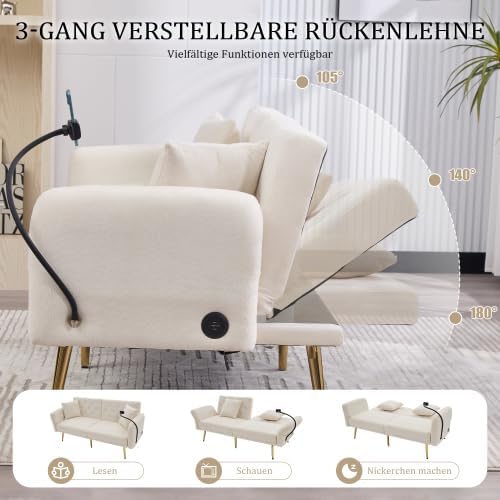 Klappsofa Beige 2-Sitzer mit USB-Anschluss & Seitentasche | Multifunktionales Chenille Sofa für Wohnzimmer, Studenten & Apartment | Schlafsofa mit Verstellbarer Rückenlehne