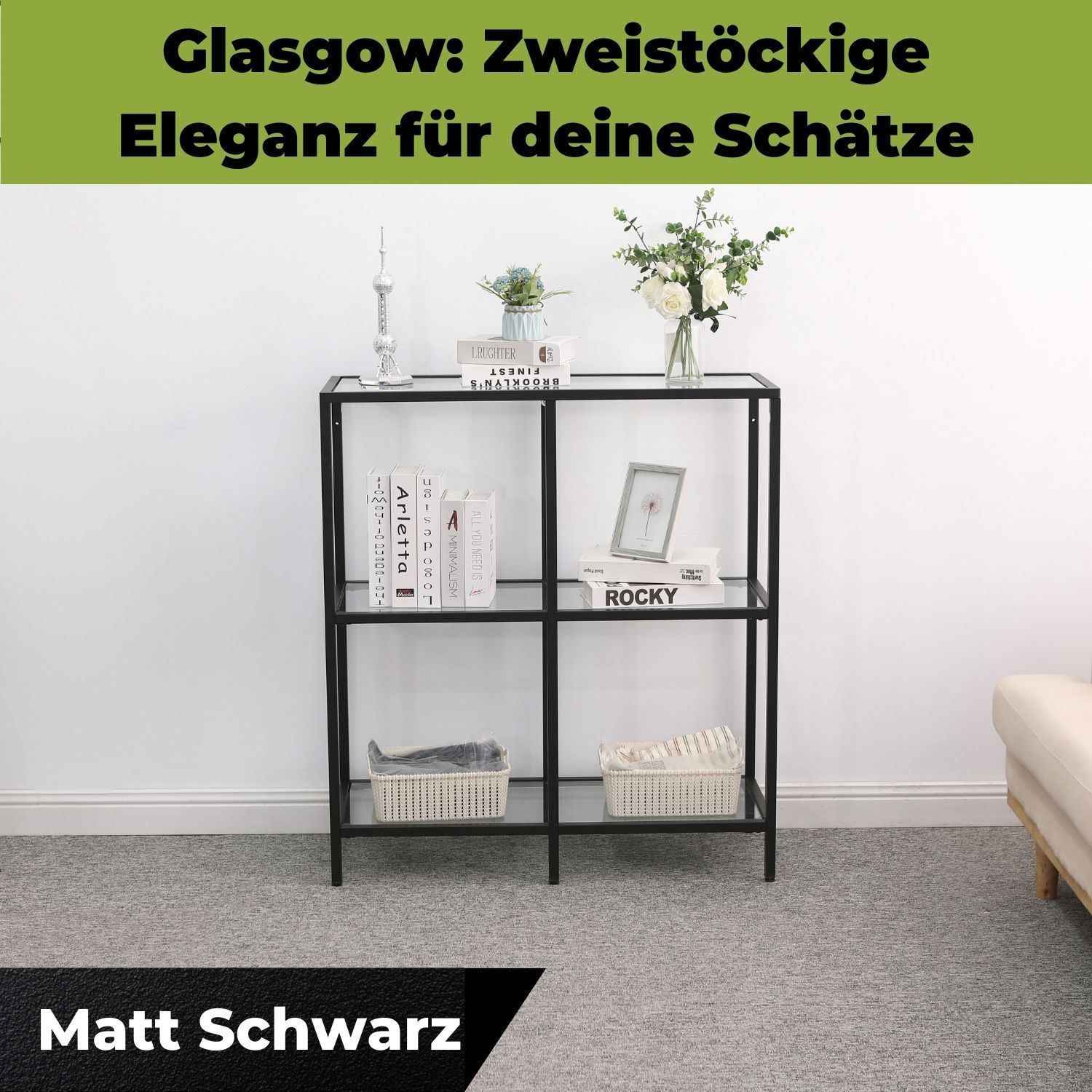 Mein-Regal Regal Glasgow 90x35x100cm aus Metall Glaseinlegeboden 2 Etagen schwarz