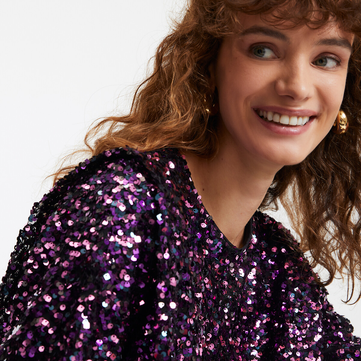 COLEÇÕES LA REDOUTE<br>Camisa com lantejoulas, gola redonda e mangas curtas