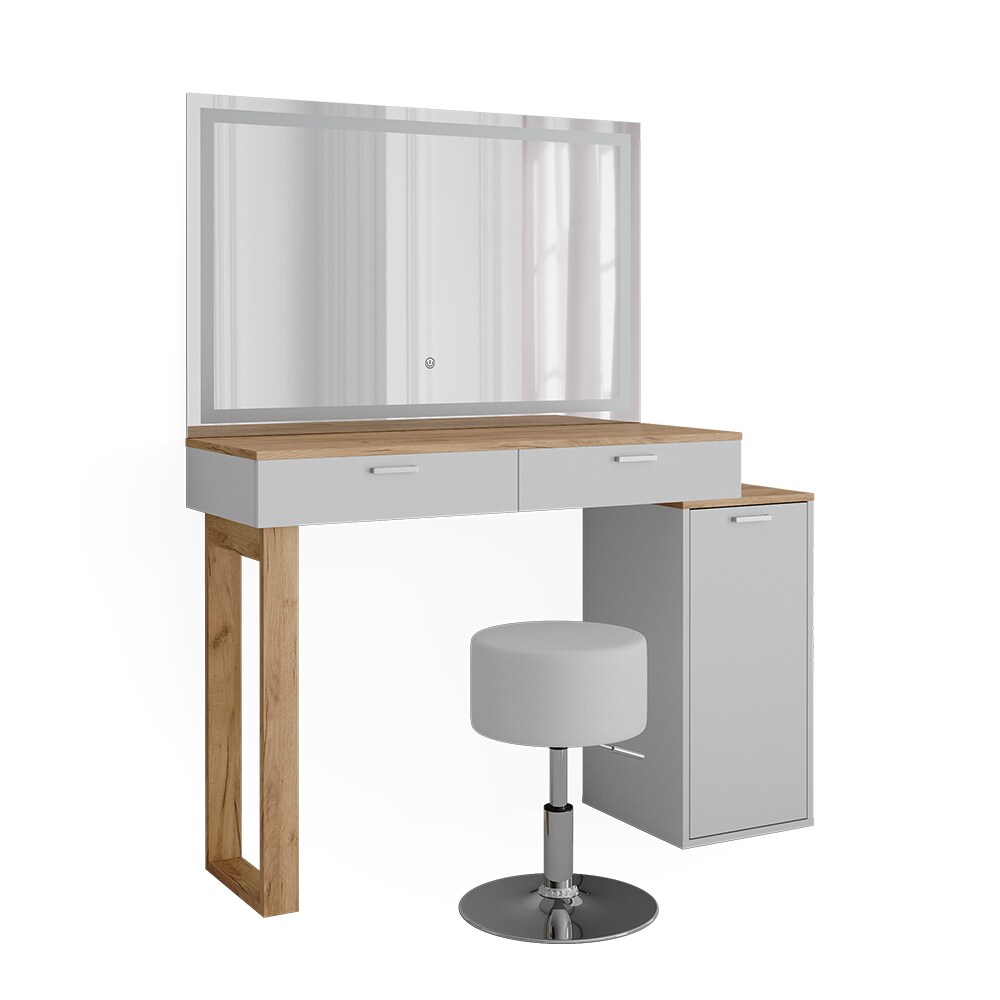 Vicco Schminktisch Regina Weiß Eiche 130 cm mit LED-Spiegel und Hocker