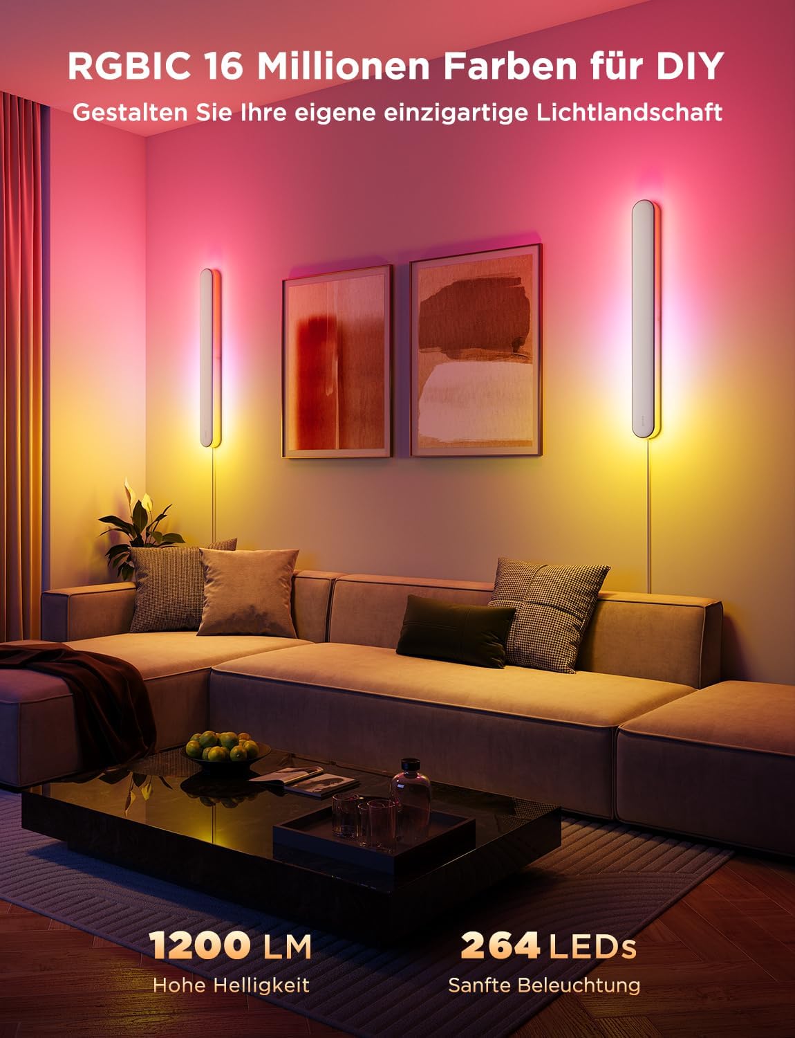 Govee RGBICW Wandleuchte Innen, Smart Wandlampe Kompatibel mit Matter, Alexa & Google Assistant, 1200lm LED Wandleuchte, Musik Sync, Indirekte Beleuchtung für Wohnzimmer, Treppe, Flur, 1 Stück