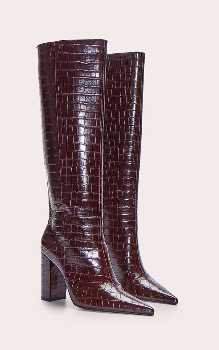 Chocolat Botte Haute À Bout Pointu Talon Bloc Effet Croco