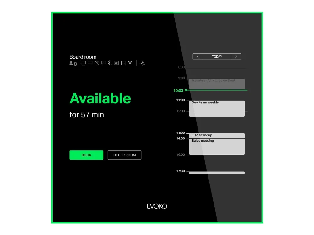 Evoko Naso Room Manager, 8'' Cloud Based Roombooking display. PoE , LAN, Wi-Fi, Needs room hoasting