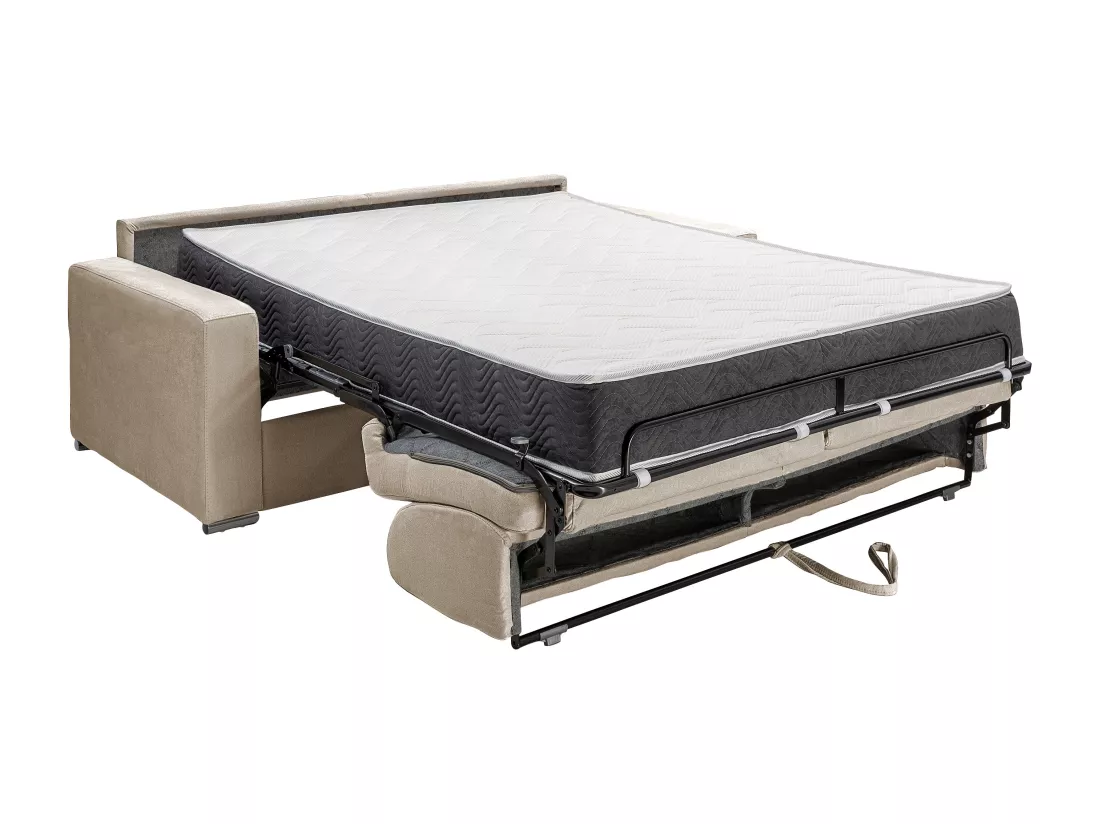 Canapé 3 places convertible express en velours beige - Couchage lattes larges 140 cm - Matelas 22 cm avec mémoire de forme CALITO