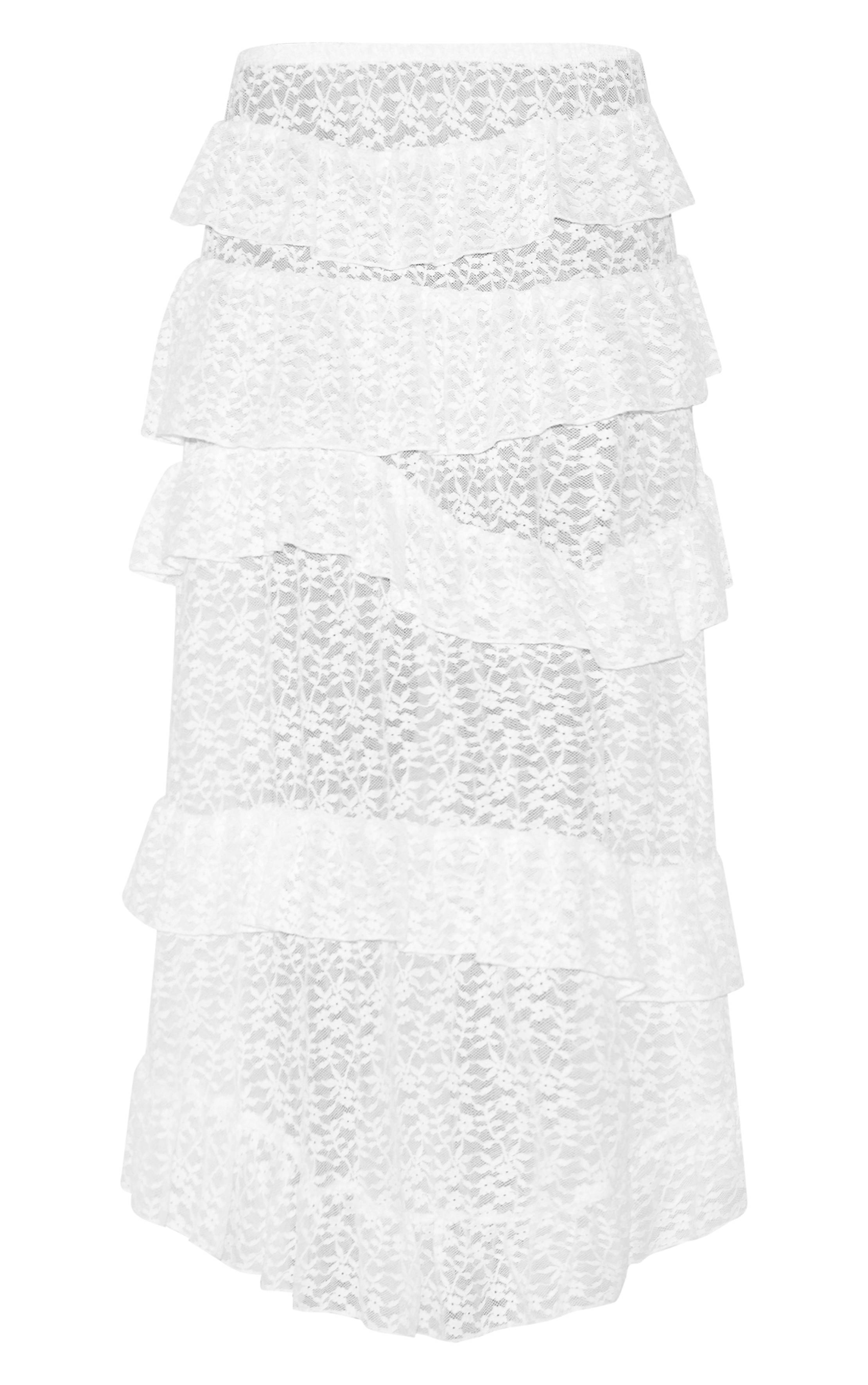 Blanc Jupe Longue Évasée À Volants En Dentelle