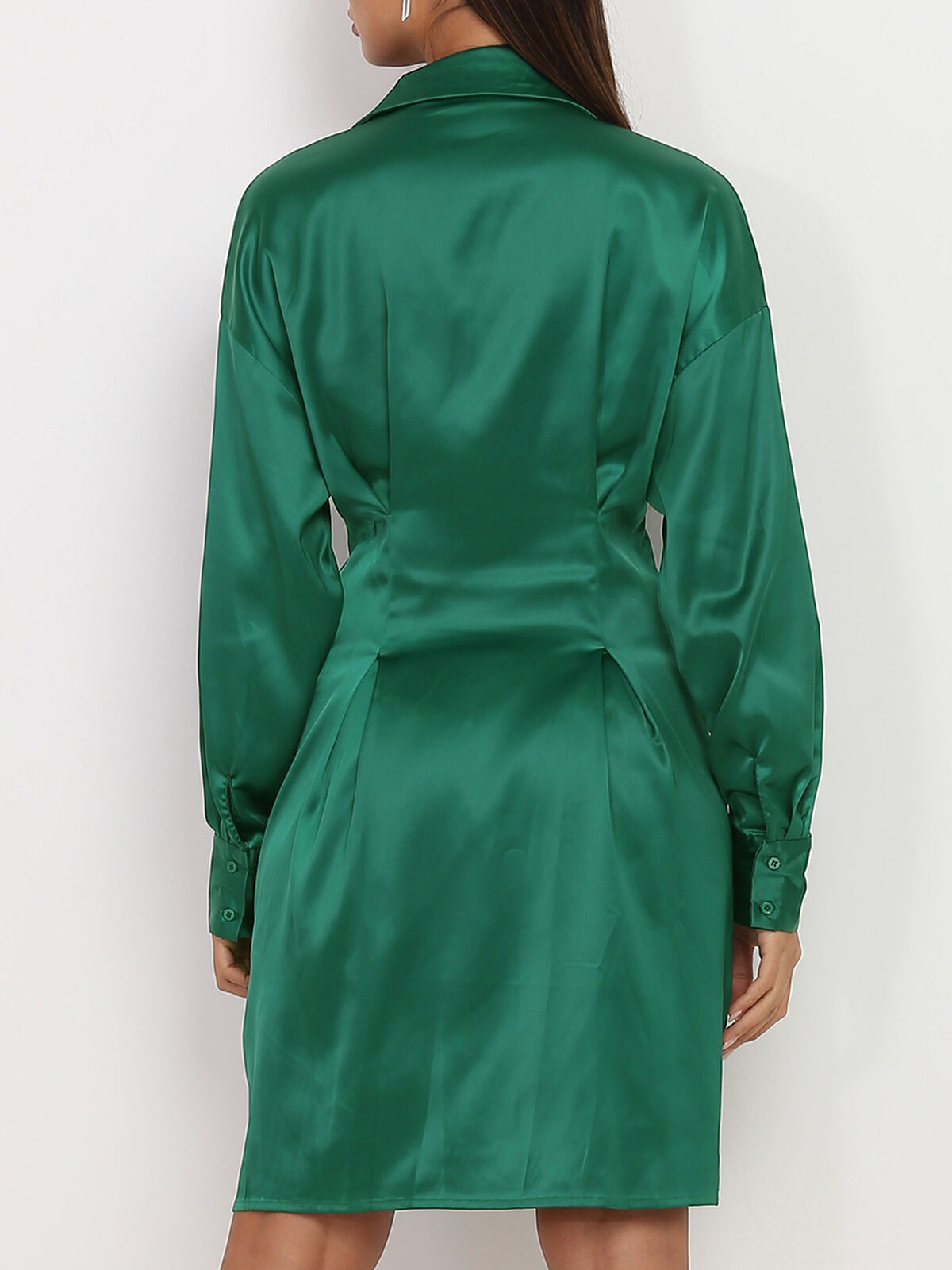 Robe chemise satinée cintrée- Vert foncé