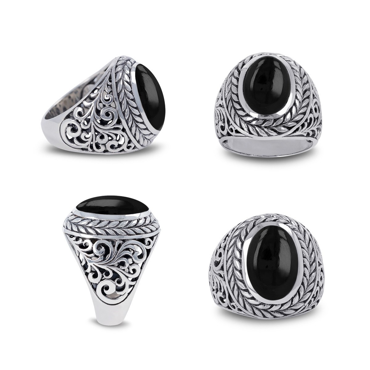 Bague Homme Onyx Ovale sur Argent Massif Effet Vieilli | Aden Boutique