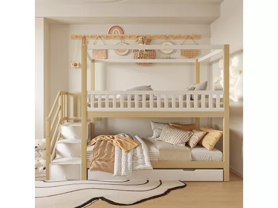 Lit superposé pour enfants 90*200 cm, garde-corps de sécurité, lit escamotable, blanc et bois massif