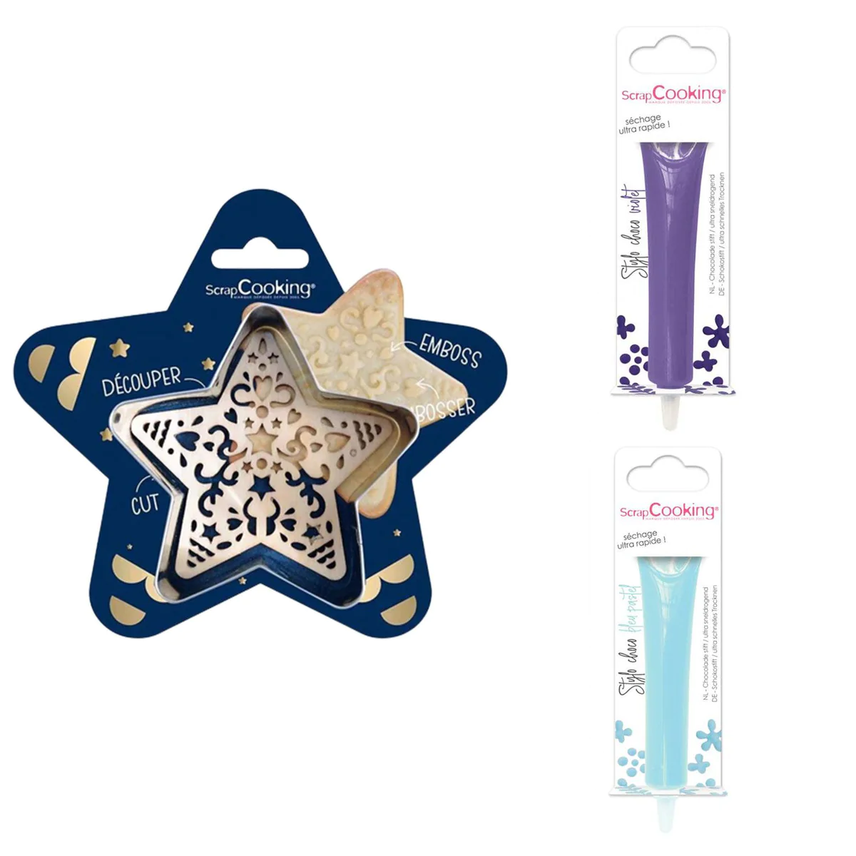 Kit pour biscuit en relief Étoile + 2 Stylos au chocolat violet et ble