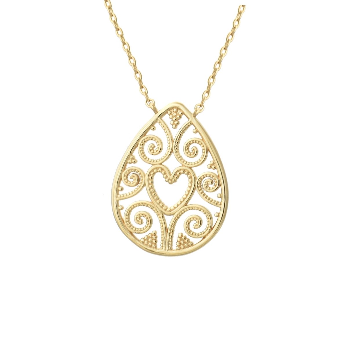 Collier coeur goutte ovale arabesque ciselée Plaqué OR 750 3 microns