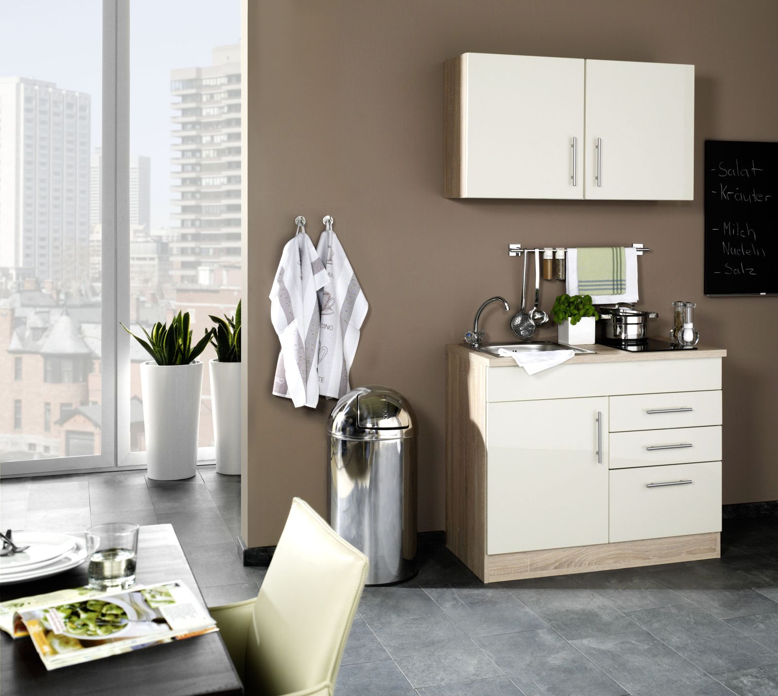 Single-Küche TORONTO - creme Hochglanz- Glaskeramik-Kochfeld - 100 cm