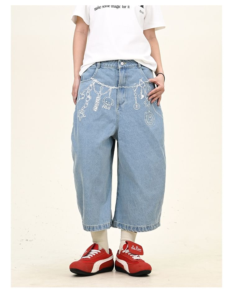 Iduna - Mid Rise Cartoon Print Washed Jorts