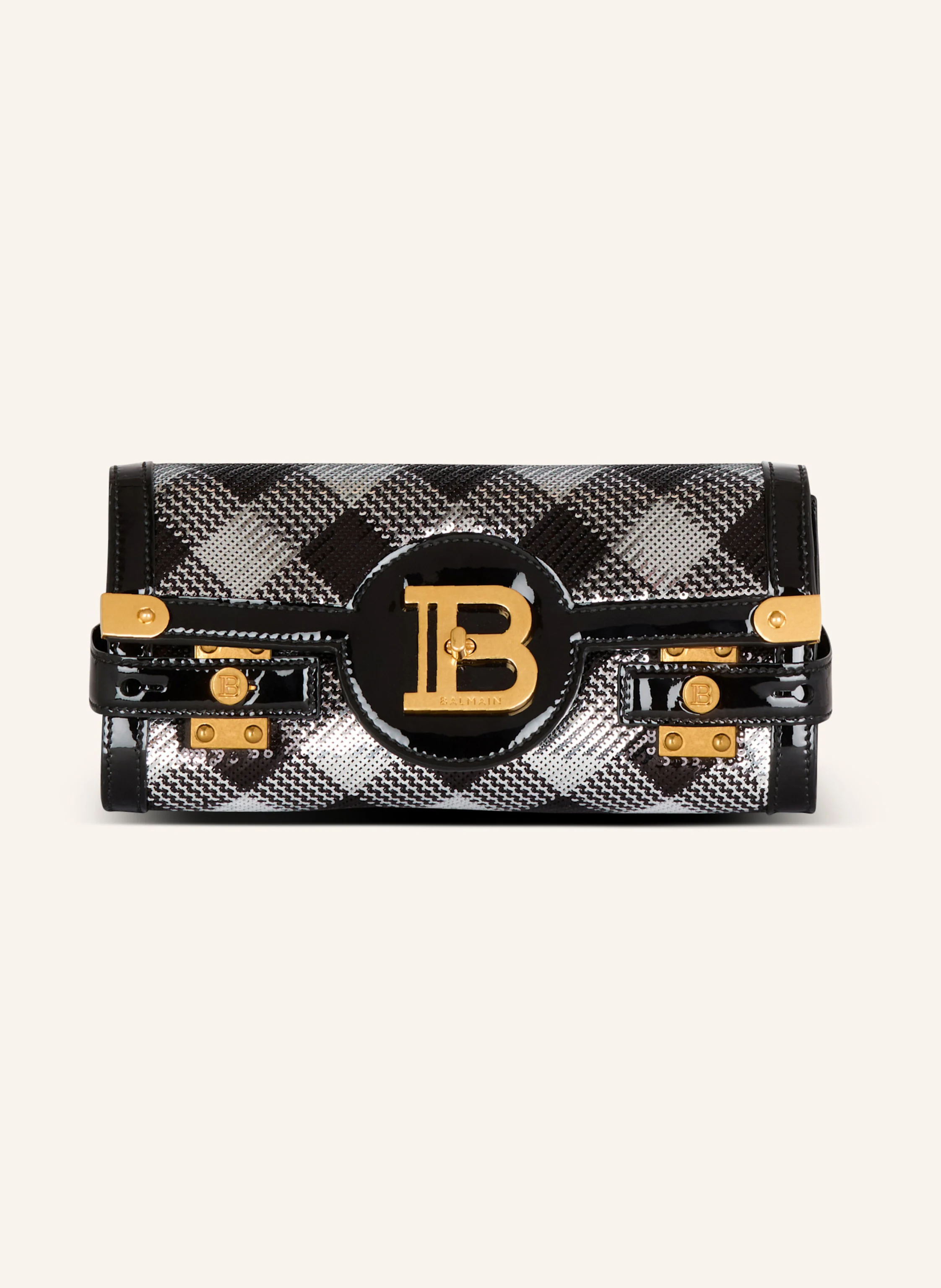 BALMAIN Pochette B-Buzz 23 mit Karo-Pailletten und Lackleder