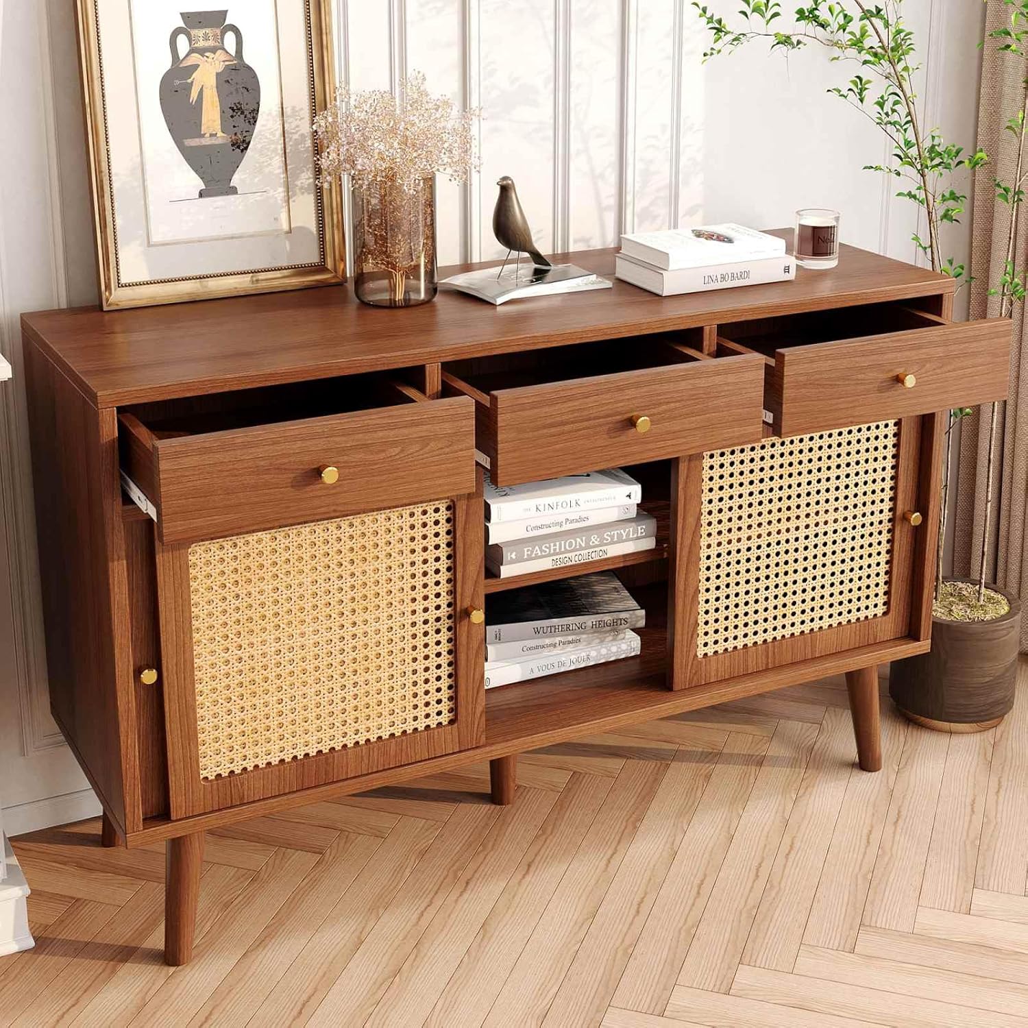 KOMHTOM Sideboard Kommode mit 3 Schubladen und 3 Schiebetüren, Aufbewahrungsschrank aus Holz, Schrank für Küche, Wohnzimmer und Büro, 120 x 40 x 78 cm (A-Walnuss)
