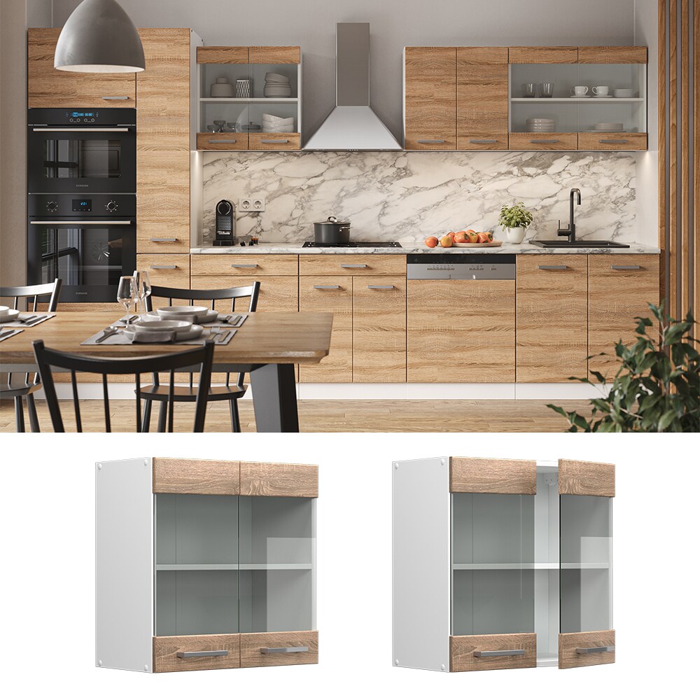 Vicco Hängeglasschrank Küchenschrank Küchenzeile R-Line 60 cm Weiß Sonoma Tür Fächer