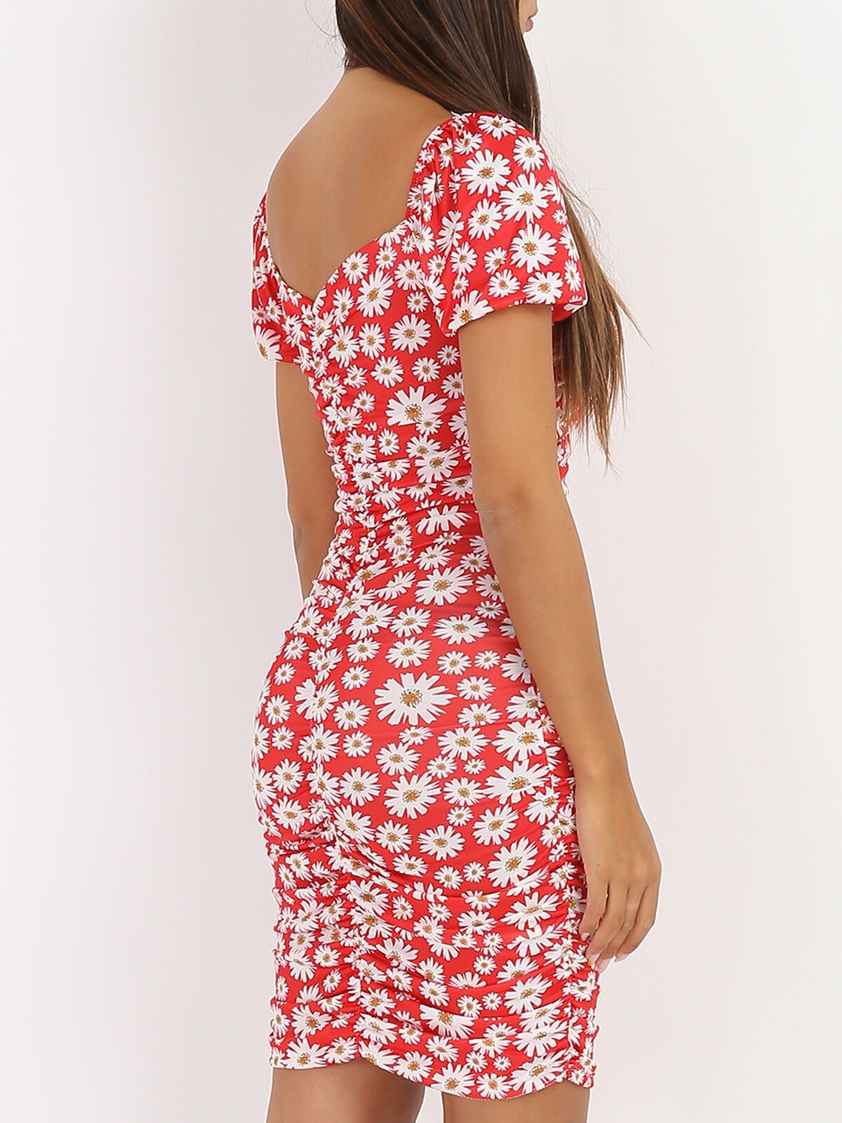 Robe moulante froncée à fleurs- Rouge