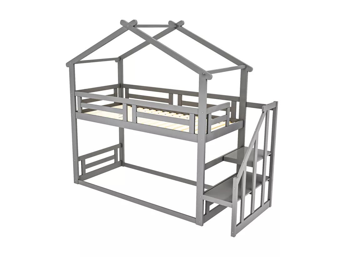 Lit superposé d'enfant 90x200cm - lit cabane avec escalier de sécurité, cadre de lit en bois massif avec sommier à lattes - gris