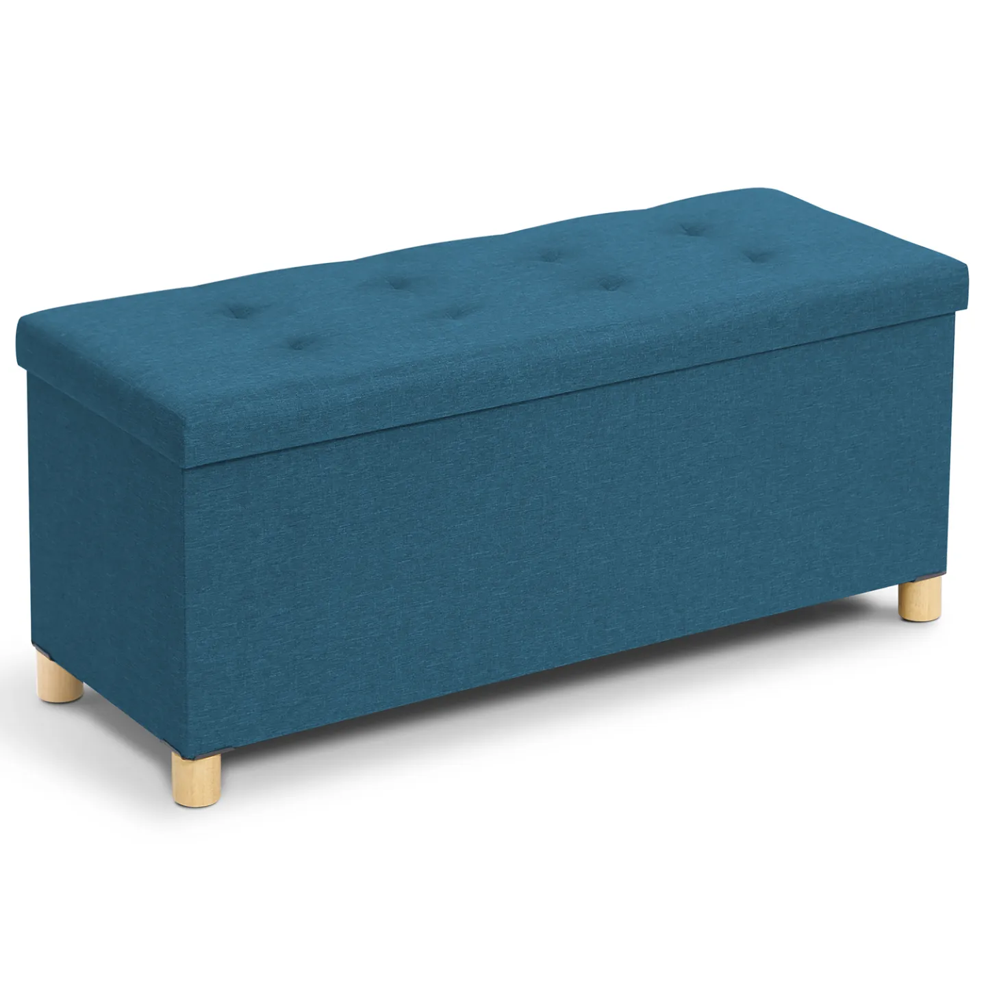 Banc coffre rangement sur pied 100 cm tissu bleu canard