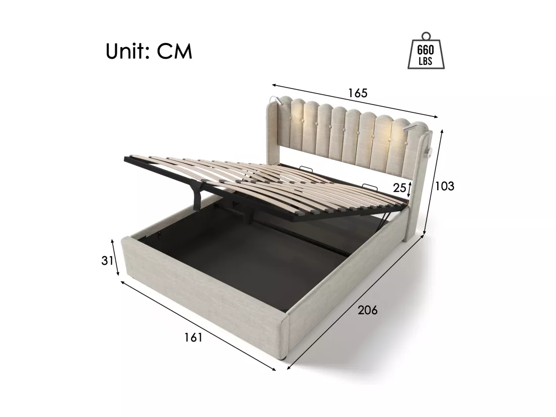 Lit coffre capitonné avec LED et Ports de charge USB - 160x200cm - tissu en lin - avec sommier à lattes - Beige