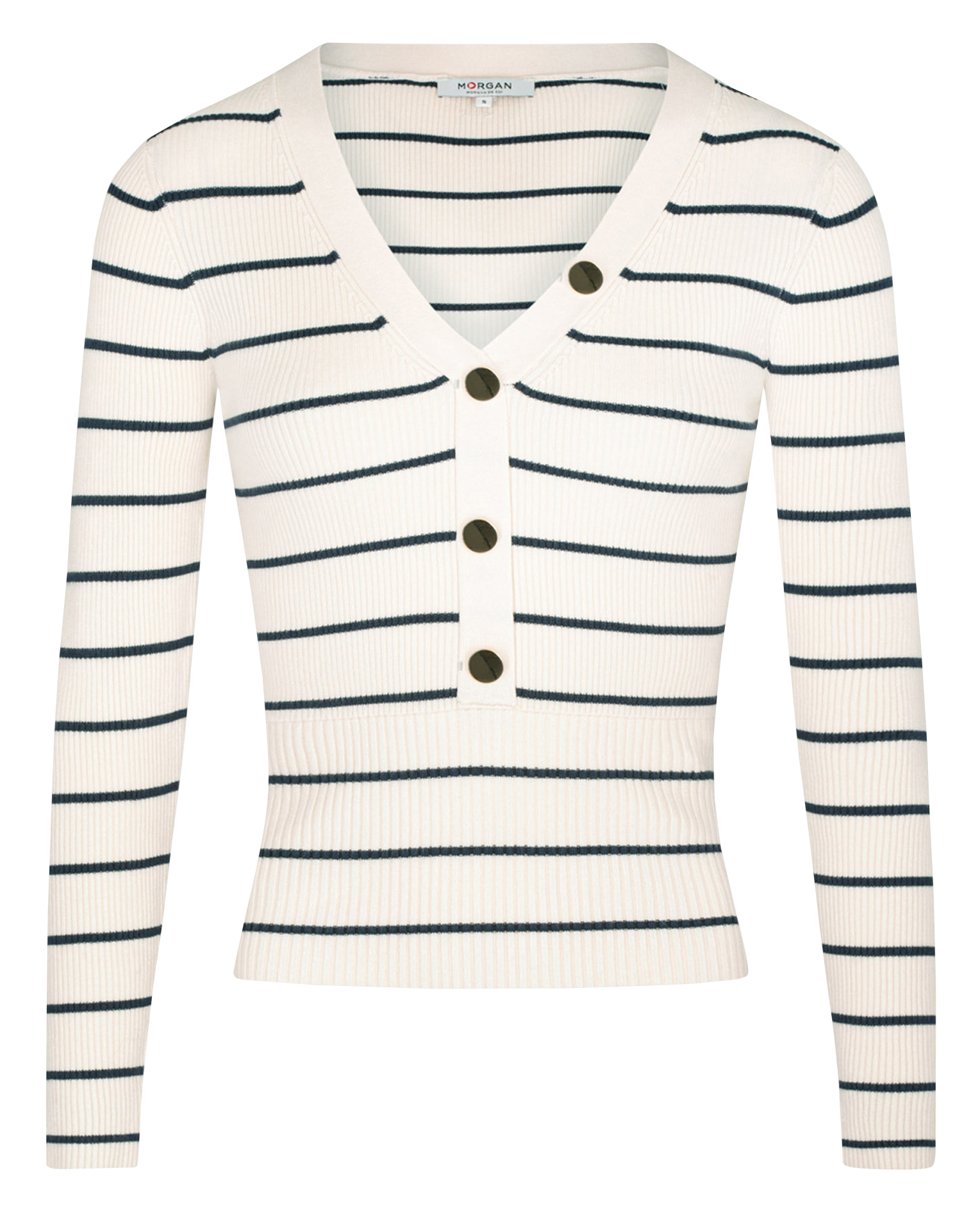 MPIAZA - Pull col V rayé en maille mélangée | Bleu