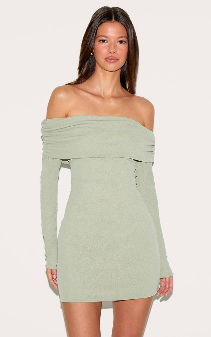 Vert Sauge Robe Moulante Bardot Froncée En Pelure D'oignon