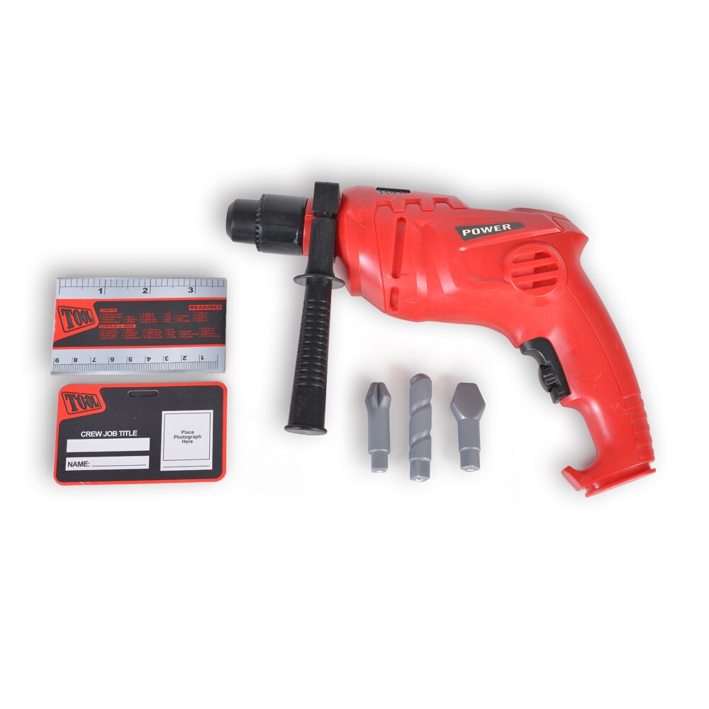 Moni Kinder Spielzeug-Bohrmaschine elektrisch T1403, Ausweis, 3 Aufsätze, Lineal rot