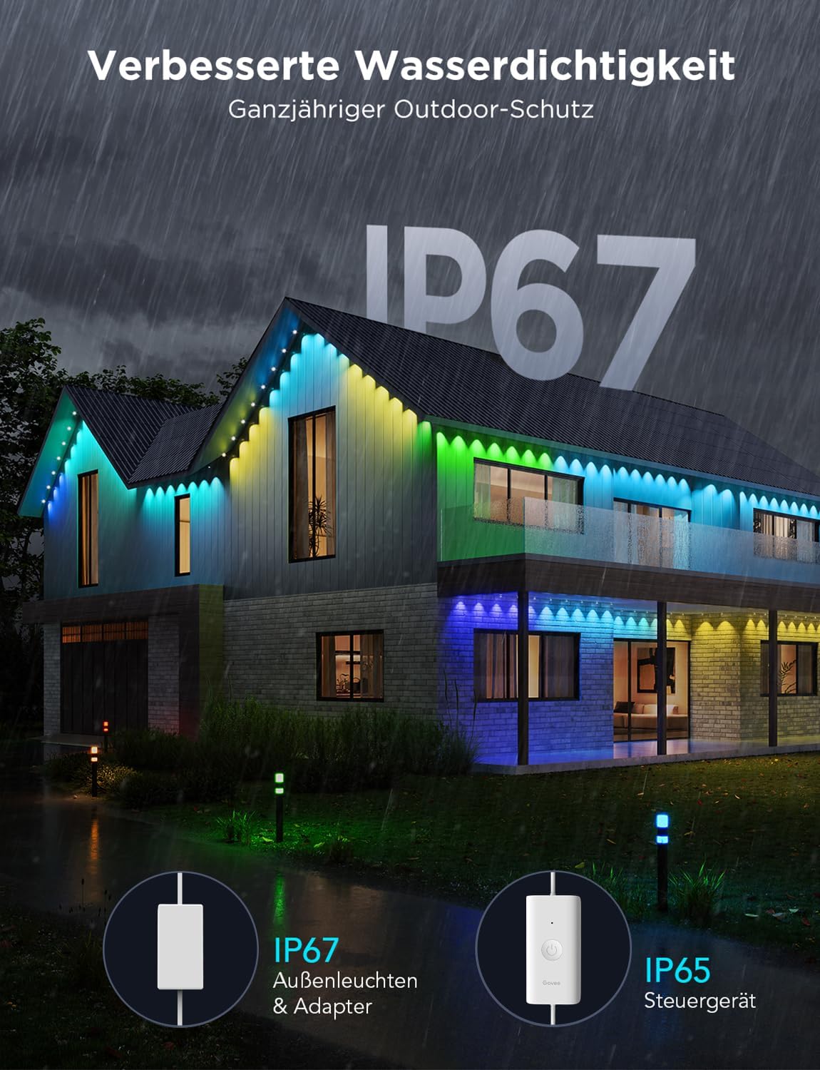 Govee Permanent Outdoor Lights Pro 30m, mit 60 RGBIC Warm/Kaltweiß LED Leuchten, 75 Szenenmodi für Party, IP67 wasserdicht, funktioniert mit Alexa,  Assistant, Matter