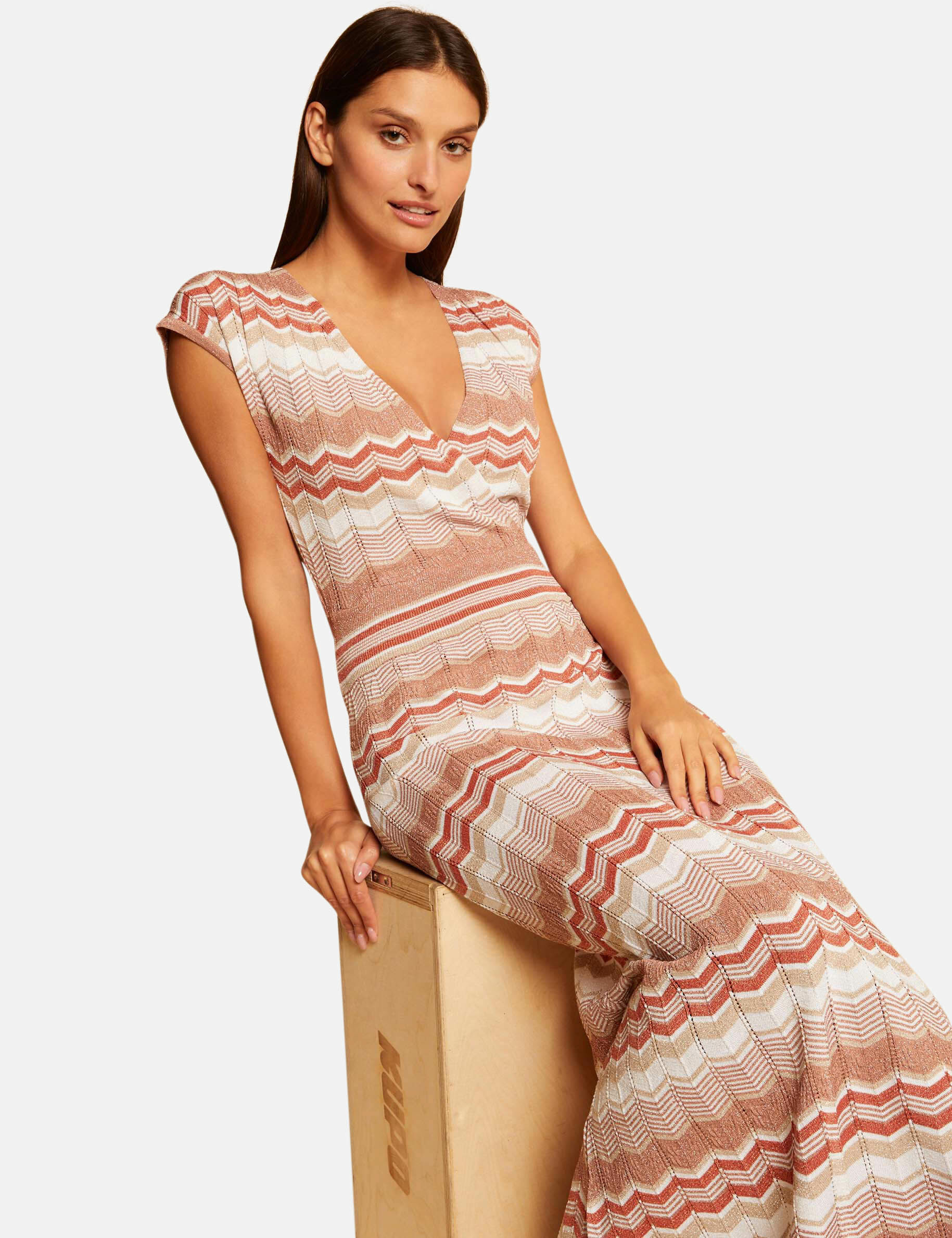 Robe pull longue droite imprimé chevron vieux rose femme - vieux_rose