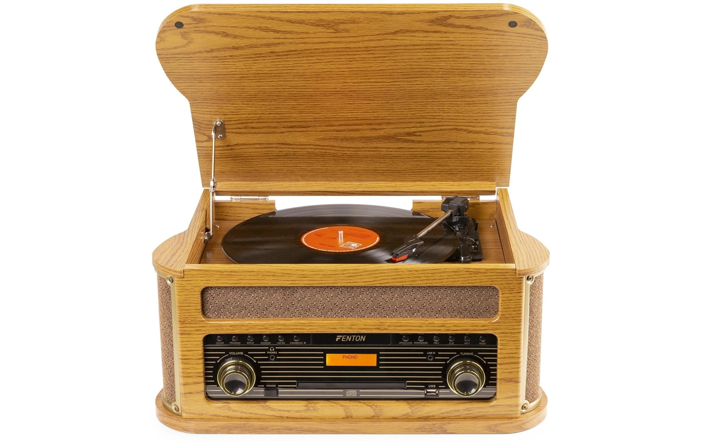 Plattenspieler Memphis Vintage Hellbraun<br>Retro Plattenspieler mit Radio, Bluetooth, Media-Player und Umwandlungsmöglichkeit für Schallplatten und Kassetten