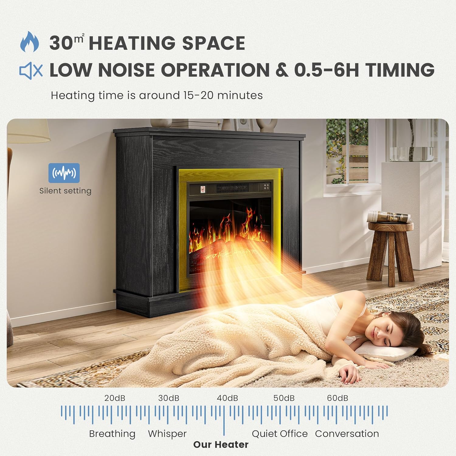 TAUS Elektrokamin mit Heizung, Elektro Kamin mit LED 3D-Flammeneffekt Elektrischer Kamin Standkamin mit LED-Ambientelicht, Timer, Thermostat, Fernbedienung (Schwarz)