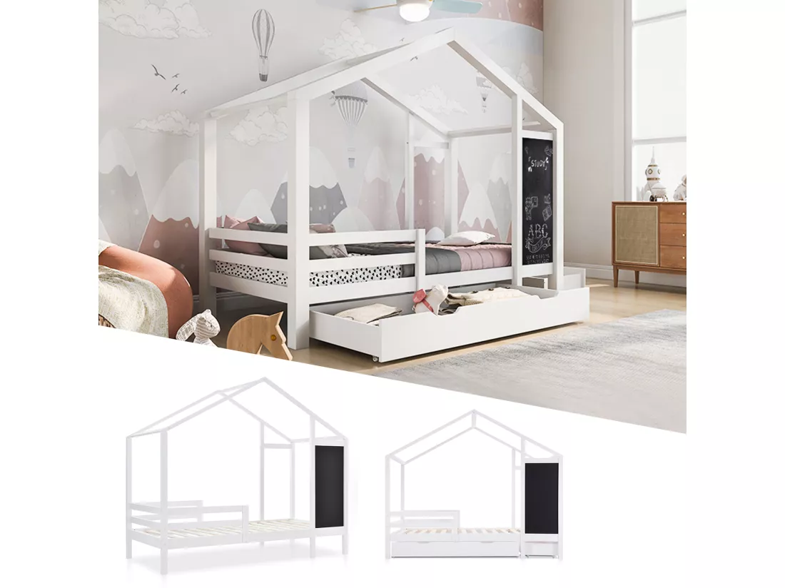 Lit gigogne cabane 2 x 90 x 200 cm - 2 tiroirs - Pin - Blanc - Sweiko