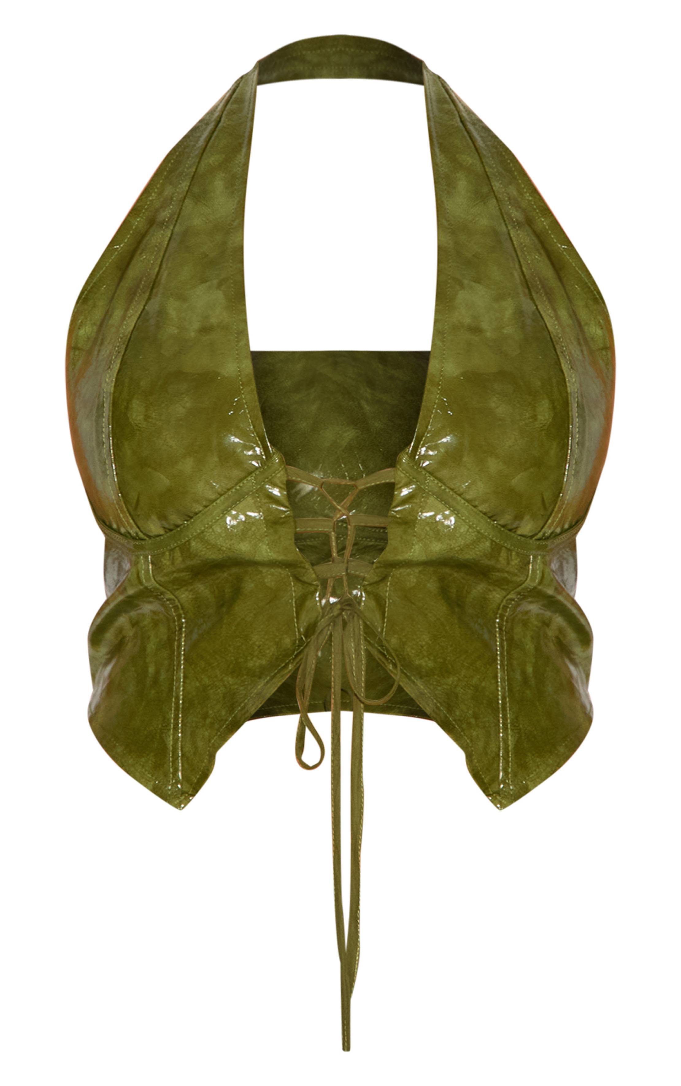 Vert Olive Haut Grande Taille Col Licou Plongeant En Synthétiquecuir Effet Délavé Avec Laçage