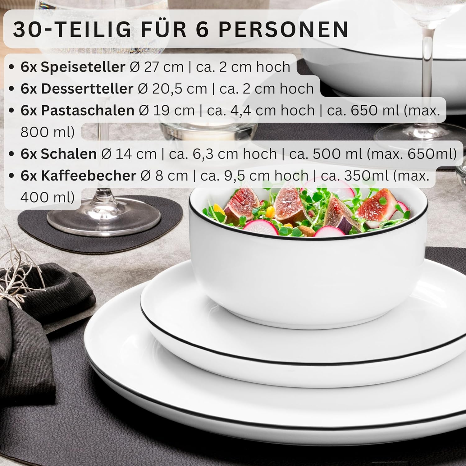 SÄNGER | Kombiservice Marlo Black Rim Weiß/Schwarz, 30tlg Geschirrset für 6 Personen mit Speise-, Dessert-, Schalen, Müslischalen und Kaffeebechern aus Porzellan | PREMIUM COLLECTION