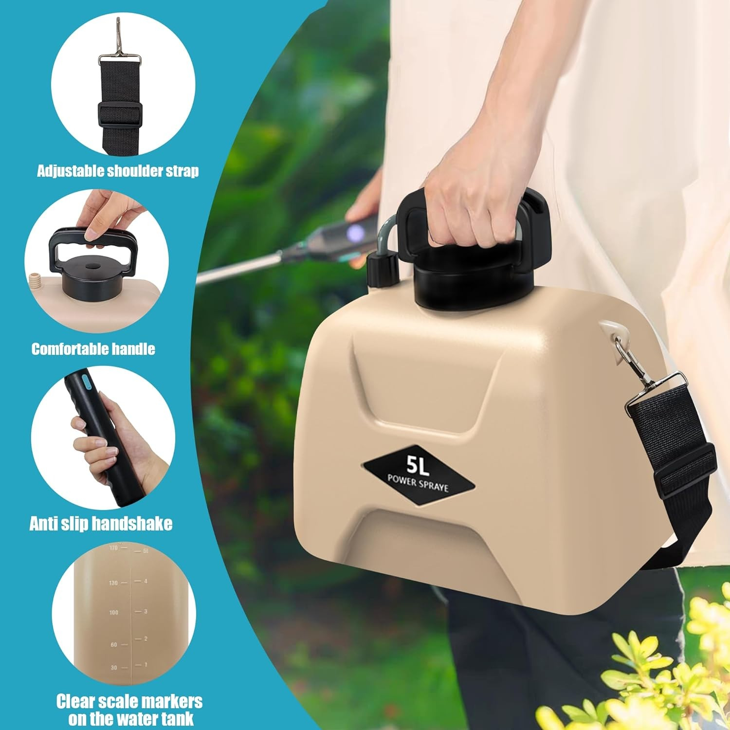(5L) Elektrische USB Garten Spritze Pflanzenschutz Drucksprüher Rückenspritze inkl. Sprühaufsätze   Schultergurt - Beige