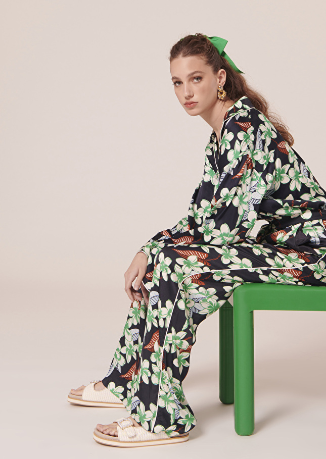 Pantalon Porticciobleu nuit à motif fleurs