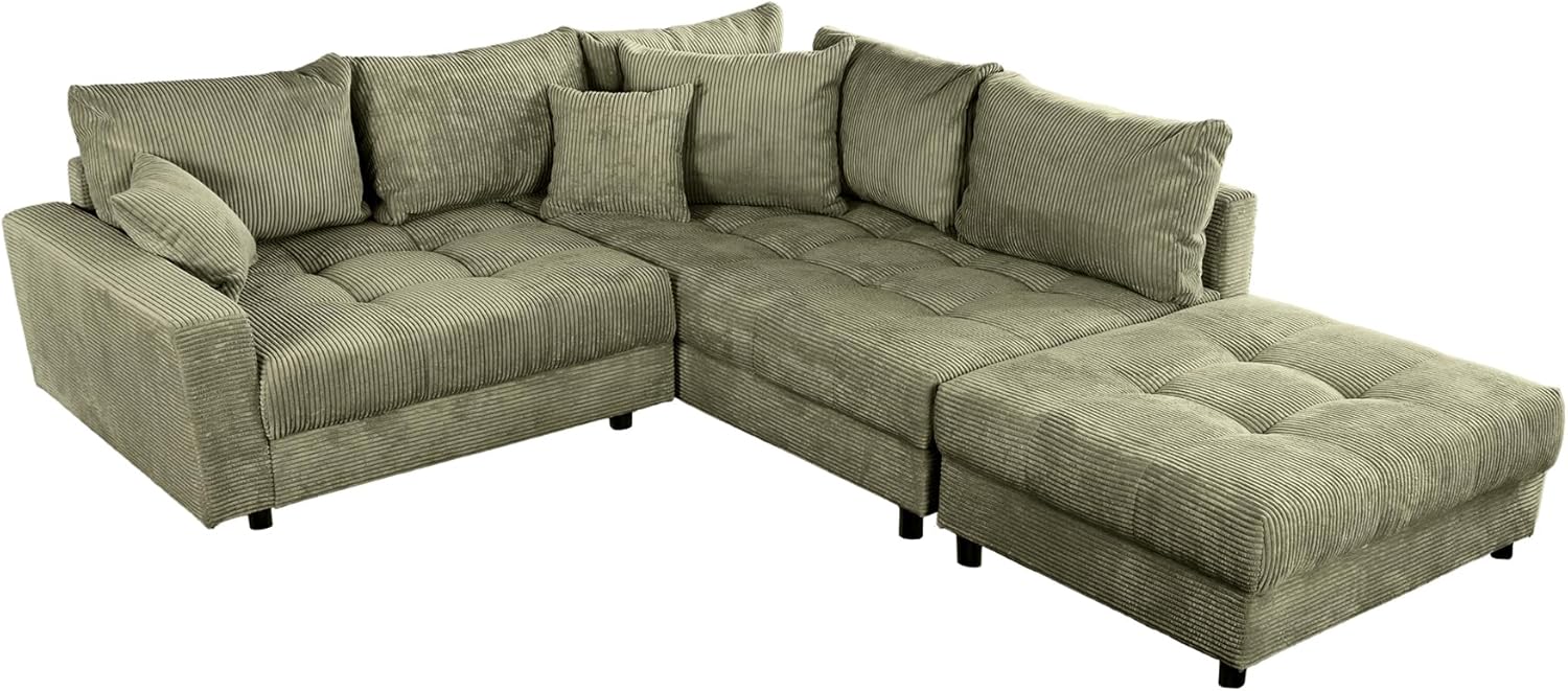 Riess Ambiente Modernes Ecksofa Kent 220cm - grün - Cord inkl. Hocker L-Form Wohnlandschaft mit Federkern bequem Couch