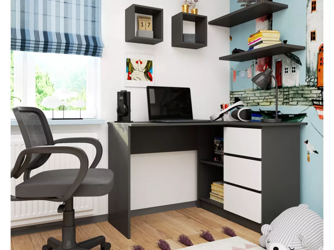 Bureau AKORD d'angle droit B16 Gris Graphite 124 cm 3 tiroirs façade Blanche 2 étagères 124x85x77 cm