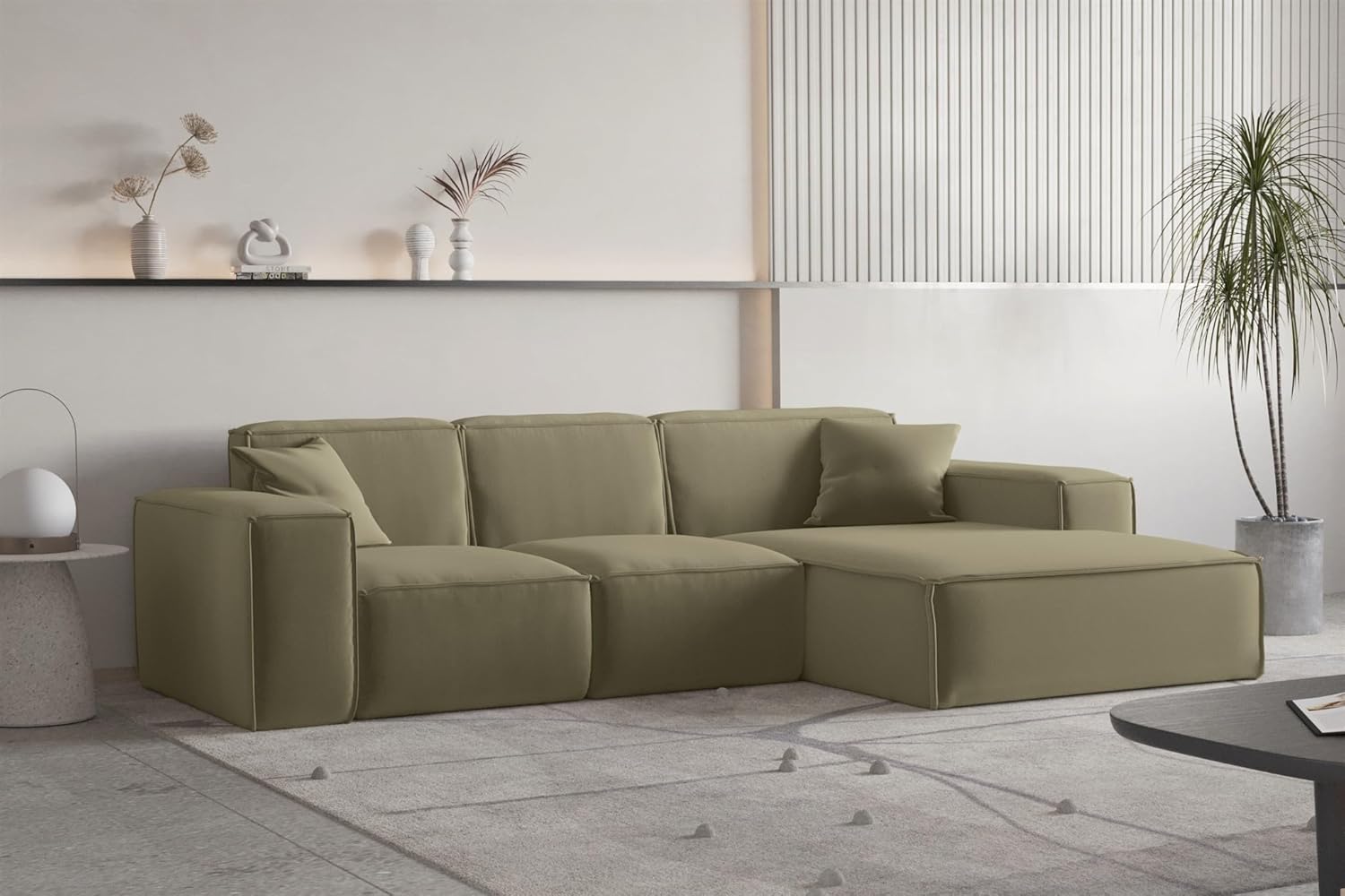 Fun Möbel Ecksofa Designersofa CELES Premium in Stoff Opera Velvet (Olivgrün, Ottomane: Rechts)