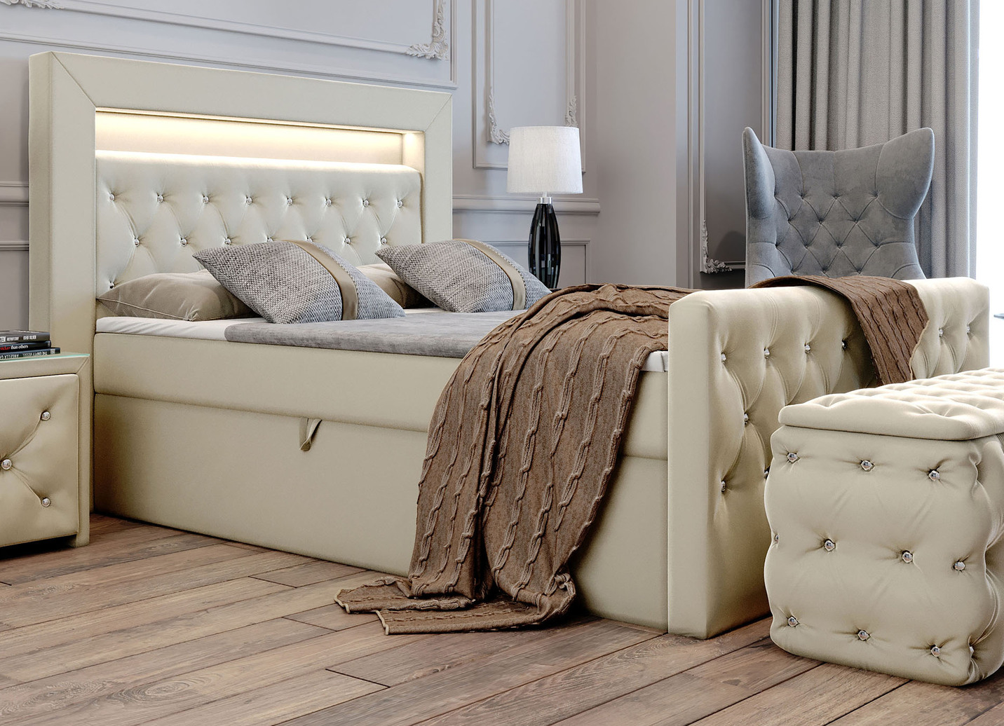 Boxspringbett mit LED-Beleuchtung und Topper