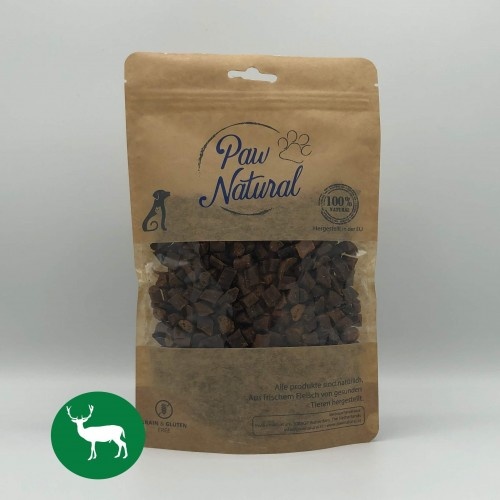 Petiscos naturais com sabor de veado da Paw para cães.