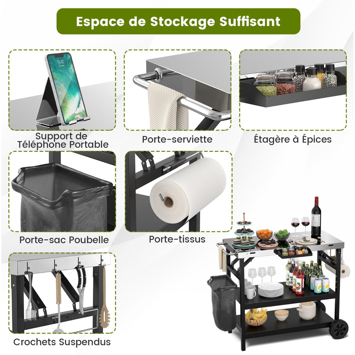 Desserte Extérieure à Roulettes à 3 Étagères Chariot Service de Cuisine Étagère Réglable Épices Porte-Serviettes Porte-Mouchoirs Noir - Lidl-Manfred