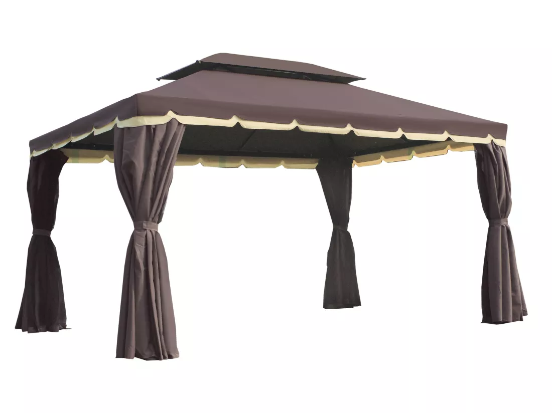 Tonnelle barnum pavillon de jardin style colonial double toit toile moustiquaires et toiles amovibles 3,9L x 2,9l x 2,8H m chocolat