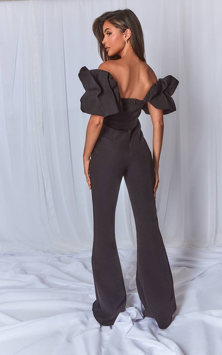Noir Combinaison-pantalon Bardot À Volants Avec Détail Corset Plissé En Tissu Tissé