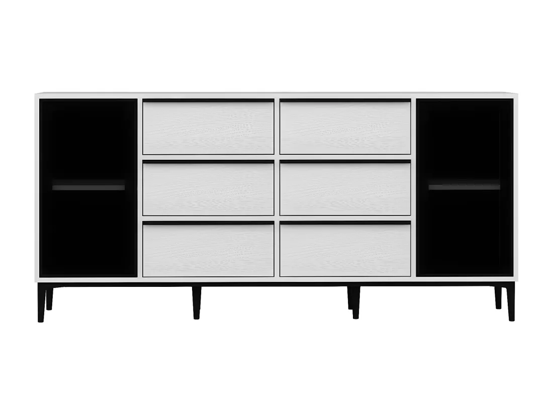 Buffet avec 2 portes en verre trempé et 6 tiroirs - Blanc et noir - MOLINIA