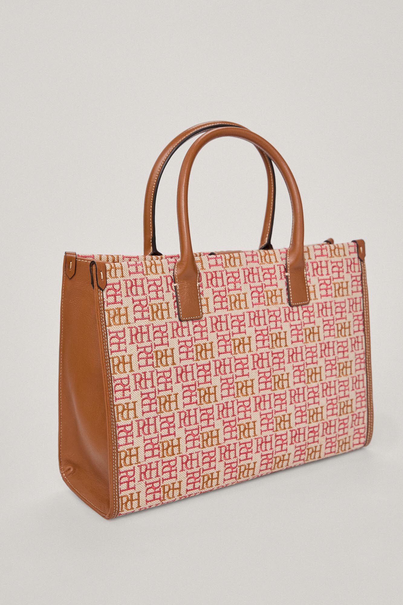 Bolsa de lona com logotipo bordado e detalhes em couro - Rosa
