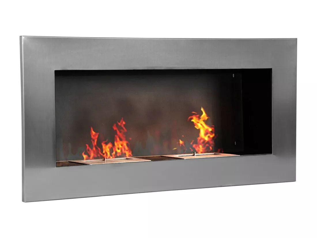 Cheminée bioéthanol murale design Bauhaus double brûleur 3 L 110L x 14l x 54H cm couverture 25-30 m² acier inox. brossé