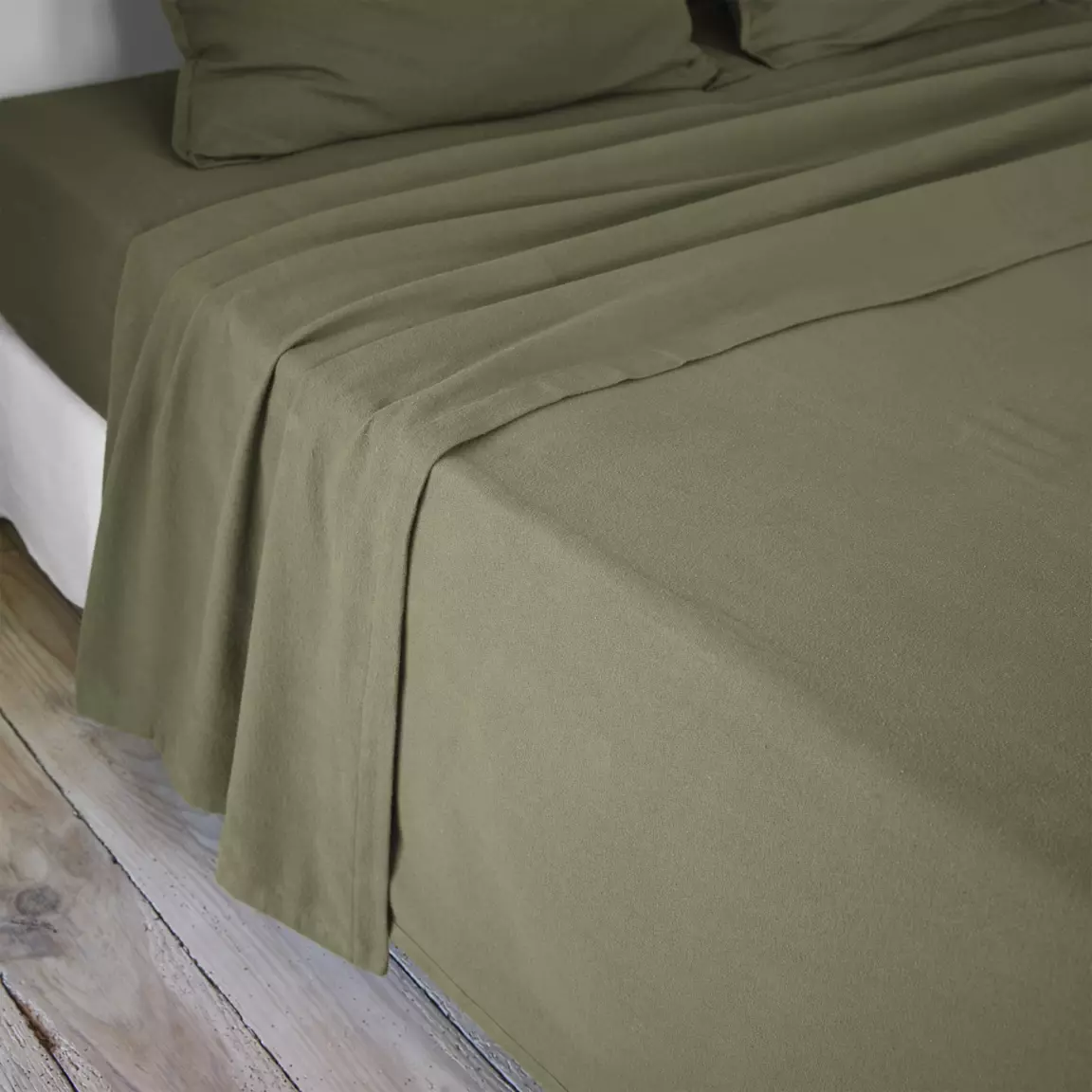 Drap plat flanelle de coton (240 x 300 cm) Théa Vert romarin